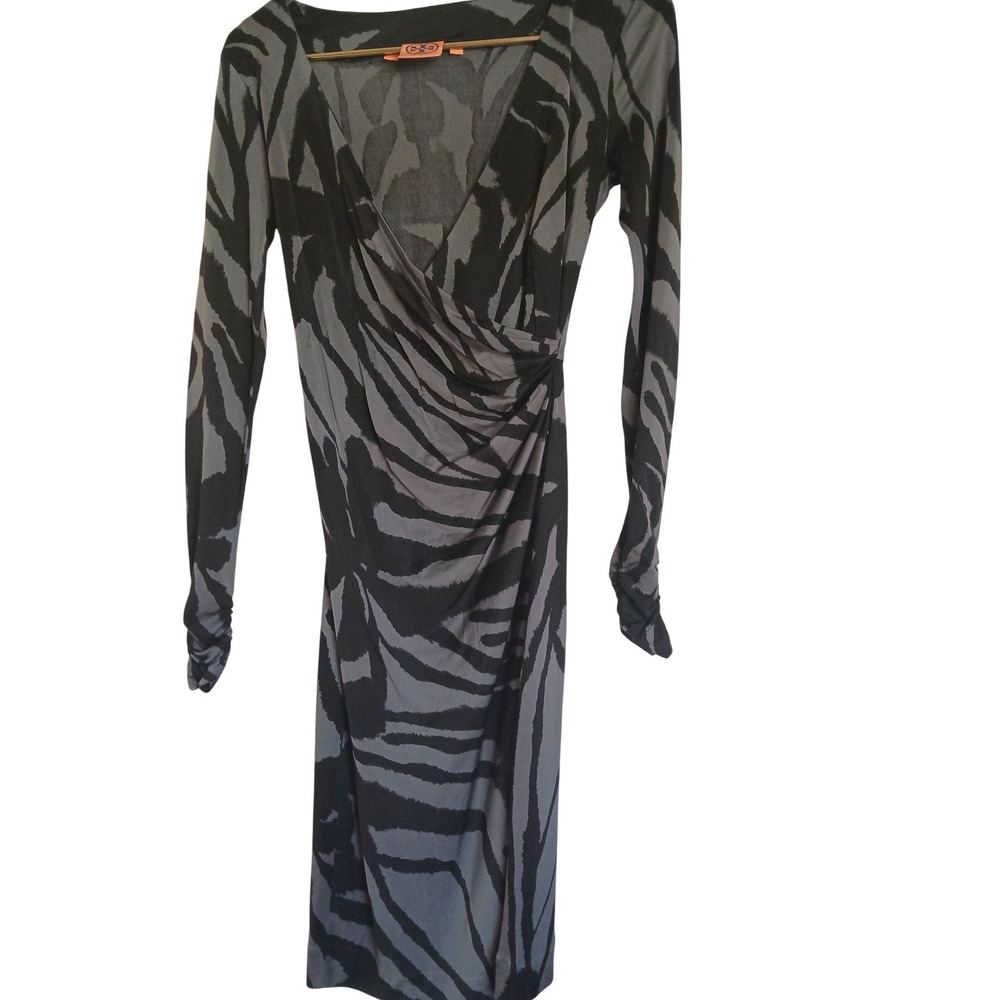 Tory Burch Thamara jersey 100% Silk Faux‎ Wrap Dress Zebra  Long Sleeve Midi XS